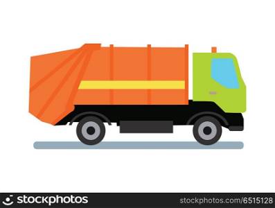 Orange Garbage Truck. Orange garbage truck transportation. Tipper with green cabin and orange vehicle. Recycle truck icon. Truck for assembling and transportation garbage. Vector illustration in flat style design.