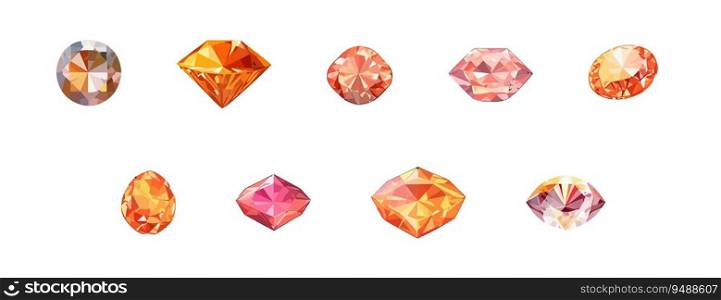 Orange gem diamond set flat cartoon isolated on white background. Vector isometric  illustration 