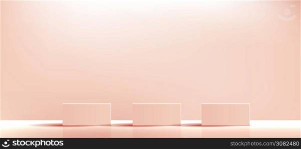 Orange geometric podium square and minimal boxes. empty showcase for cosmetic product presentation. Fashion magazine. vector Illustration design.