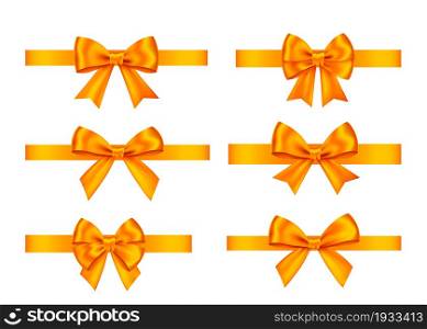 Orange gift bows set isolated on white background. Christmas, New Year, birthday decoration. Vector realistic decor element for banner, greeting card, poster.