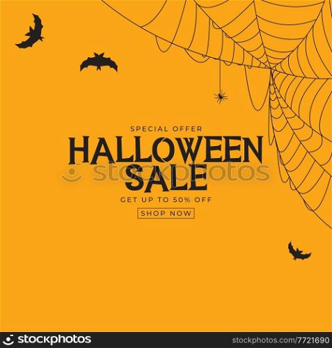 Orange Halloween sale poster with bat and spider. Vector Illustration EPS10