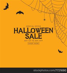 Orange Halloween sale poster with bat and spider. Vector Illustration EPS10