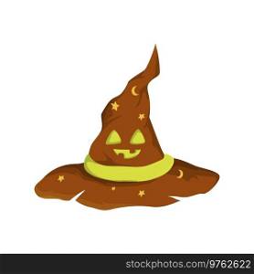 Orange hat with pumpkin halloween grimace, star and moon. Vector costume october accessory, clothing traditional to celebrate autumn holiday illustration. Orange hat with pumpkin halloween grimace, star and moon