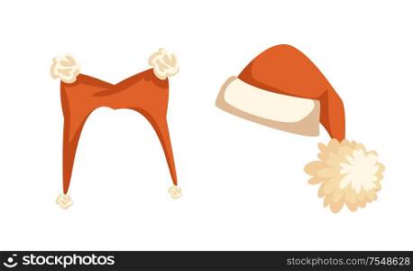 Orange hat with two pompons and cap with big furry ball in flat style isolated on white. Set of Santa headdress, part of winter holiday costume vector. Set of Santa Hat with Furry Balls Vector Isolated