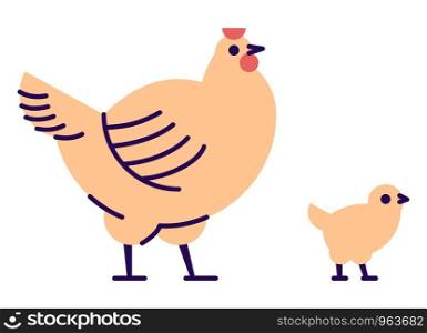 Orange hen with chick flat vector illustration. Domestic bird breeding concept. Chicken mother isolated design element with outline. Poultry farming, hennery symbol on white background