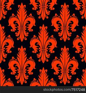 Orange heraldic fleur-de-lis seamless pattern over navy background with stylized fluffy leaves, adorned by curly swirls. Heraldry, history theme or textile print design. Orange decorative fleur-de-lis seamless pattern