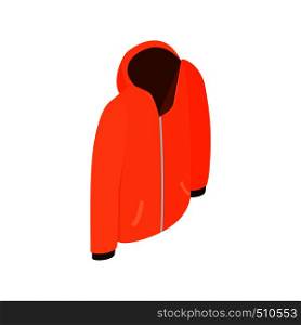 Orange hooded sweatshirt with zipper icon in isometric 3d style on a white background. Orange hooded sweatshirt with zipper icon