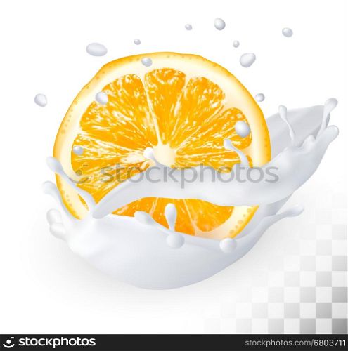 Orange in a milk splash on a transparent background. Vector.