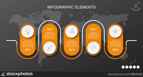 Orange infographics elements, Thin line pictograms, pointers and text box, Concept of business model with 4 successive steps, Modern design template, Steps or processes.