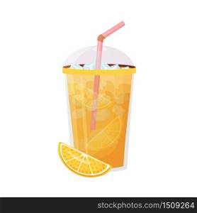 Orange juice cartoon vector illustration. Iced citrus drink. Beverage in plastic cup with straw. Cold lemonade flat color object. Seasonal summer refreshment isolated on white background