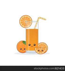 orange juice. Cute kawai smiling cartoon juice with slices in a glass with juice straw.