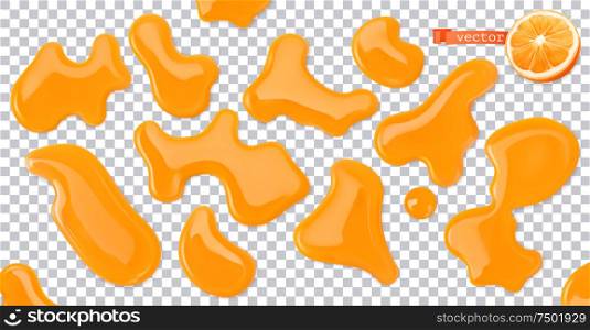 Orange juice drops. 3d realistic vector set