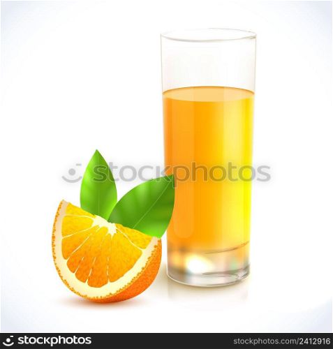 Orange juice healthy drink in glass and citrus fruit with leaf emblem vector illustration