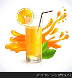 Orange juice healthy drink in glass with straw and splash on background emblem vector illustration