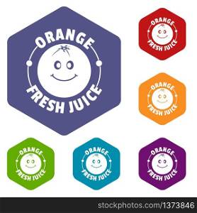 Orange juice icons vector colorful hexahedron set collection isolated on white . Orange juice icons vector hexahedron
