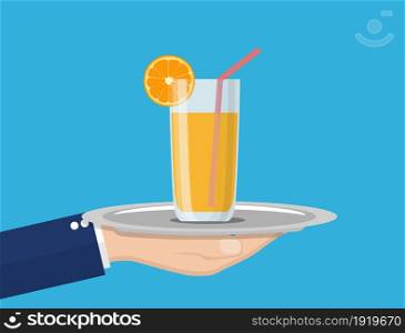 Orange juice in glass cup on tray in hand Healthy food. Useful natural drink. Tropical refreshing drink. Vitamins breakfast. Vector illustration in flat style. Orange juice in glass cup on tray in hand