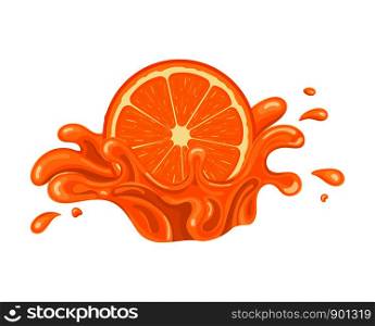 Orange juice splash isolated on white background. Sweet food. Organic fruit. Vector illustration for any design.