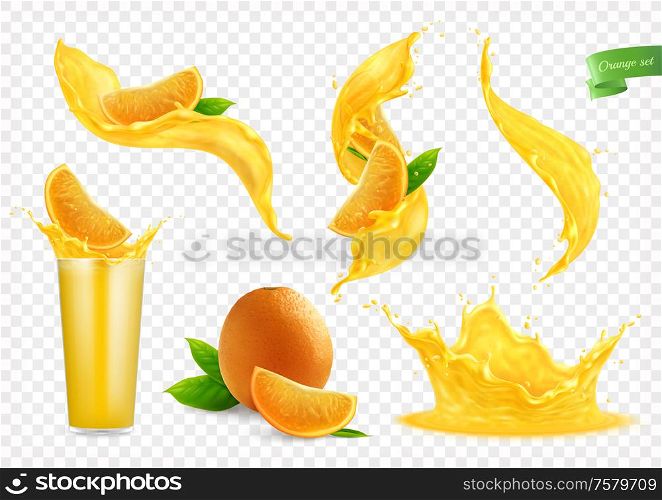 Orange juice splashes collection with isolated images of liquid flows drops whole fruit slices and glass vector illustration