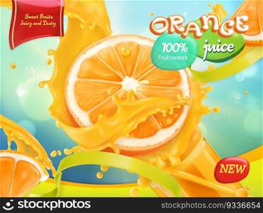 Orange juice. Sweet fruits. 3d realistic vector, package design