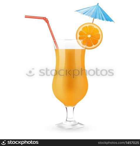 Orange juice with slice of orange, party umbrella and rad straw