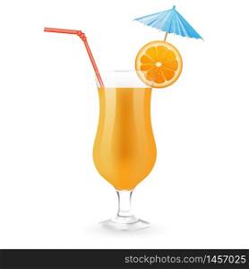 Orange juice with slice of orange, party umbrella and rad straw