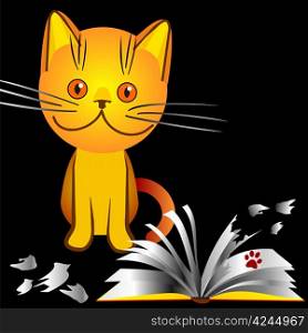 orange kitten bully made a mess in the house, broke the book, an illustration on a black background