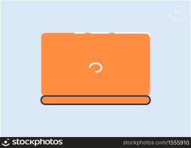 Orange laptop semi flat RGB color vector illustration. Independent worker, professional freelancer attribute. Equipment for distant work. Notebook computer isolated cartoon object on blue background. Orange laptop semi flat RGB color vector illustration
