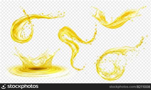 Orange, lemon juice or oil splashes, liquid yellow drink streams with drops. Fruit beverage elements for advertising or package design. Fresh splashing and flowing jets, drips realistic 3d vector set. Orange, lemon juice or oil splashes, yellow drink