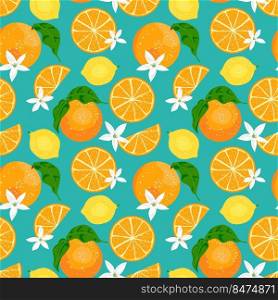 Orange, lemon pattern. Tropical citrus fruits leaves, flowers seamless pattern background.