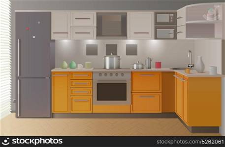 Orange Modern Kitchen Interior. Orange modern kitchen interior with furniture and stylish create for exhibition sample vector illustration