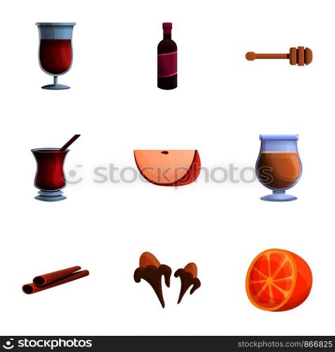 Orange mulled wine icon set. Cartoon set of 9 orange mulled wine vector icons for web design isolated on white background. Orange mulled wine icon set, cartoon style