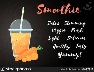 Orange natural smoothie carrot shake vector illustration. Natural vegetable, glass with orange layers of smoothies cocktail. Horizontal poster with big sign Smoothie for fitness landing page concept. Orange natural smoothie carrot shake illustration