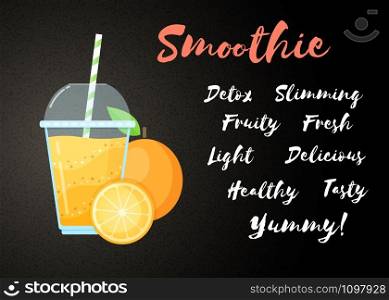 Orange natural smoothie fruit shake vector illustration. Fresh vegetarian smoothies drink with orange layers in glass. Raw fruit and sign Smoothie for drink energy promo landing page or fast food menu. Orange natural smoothie fruit shake illustration