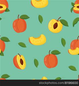 Orange peaches with green leaves seamless pattern. Flat vector illustration.. Orange peaches with green leaves seamless pattern. Flat vector illustration