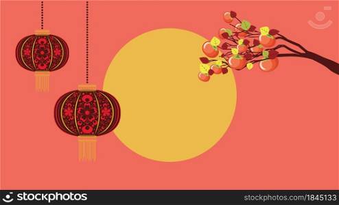 Orange persimmon fruits on branch and full moon, Chuseok design.