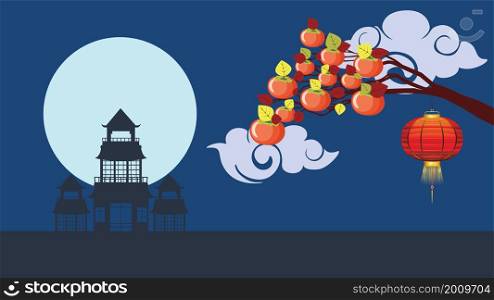 Orange persimmon fruits on branch with oriental red lantern and house, Chuseok design.