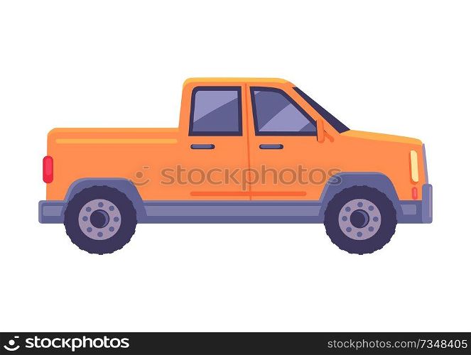 Orange pickup car icon. Compact truck suv flat vector isolated on white background. Passenger vehicle with cargo body chassis illustration. Orange Pickup Car Flat Vector Icon