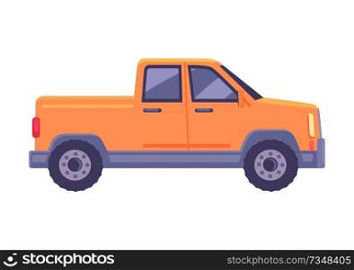 Orange pickup car icon. Compact truck suv flat vector isolated on white background. Passenger vehicle with cargo body chassis illustration. Orange Pickup Car Flat Vector Icon