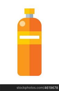 Orange Plastic Bottle. Orange plastic bottle with label. Illustration of bottle of mineral water. Plastic bottle icon. Retail store element. Simple drawing. Isolated vector illustration on white background.