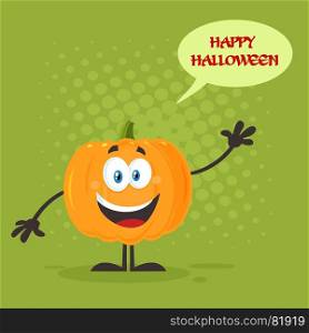 Orange Pumpkin Cartoon Emoji Character Waving For Greeting. Illustration Flat Design Style With Background Speech Bubble And Text Happy Halloween