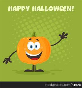 Orange Pumpkin Cartoon Emoji Character Waving. Illustration Flat Design Style With Background And Text Happy Halloween