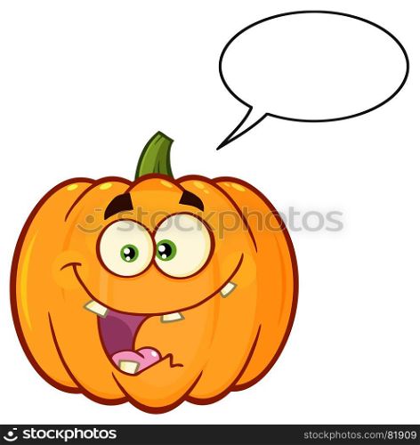 Orange Pumpkin Vegetables Cartoon Emoji Face Character With Crazy Expression. Illustration Isolated On White Background With Speech Bubble