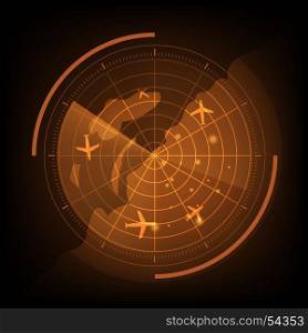 Orange radar screen with airplane and map, stock vector