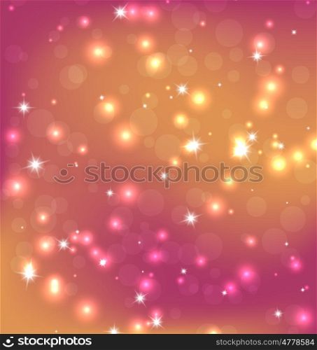 Orange Red Abstract Christmas Background with Bright Stars, Bokeh and Snowflakes. Vector Graphics.