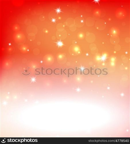 Orange Red Background - Vector Illustration, Graphic Design Useful For Your Design. Bright Orange Red Abstract Christmas Background With White Snowflakes. Bokeh Effect. Space Your Text.