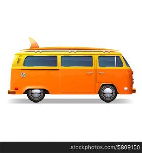 Orange retro bus with surf boards realistic isolated on white background vector illustration. Surf Bus Realistic