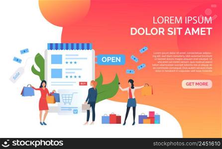 Orange sale slide presentation. People standing before supermarket. Online purchasing concept. Vector illustration can be used for topics like sale, shopping, promotion. Orange sale slide template presentation