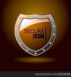 Orange secure web shield with spot light background and metal bevel