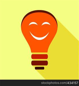 Orange smiling light bulb with eyes icon. Flat illustration of orange smiling light bulb with eyes vector icon for web. Orange smiling light bulb with eyes icon