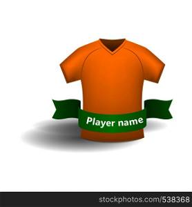 Orange sports shirt with green ribbon for player name icon in cartoon style isolated on white background. Orange sports shirt icon, cartoon style